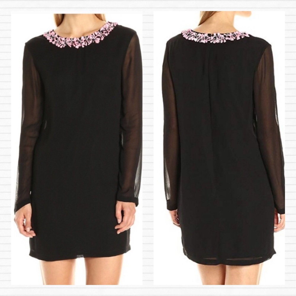 French Connection Black & Pink Embellished Long Sleeve Cocktail Dress